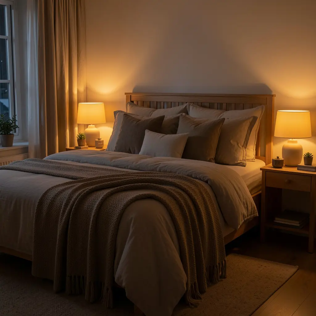 Illustration of a calm bedroom at night with a bed, pillows, and soft ambient lighting